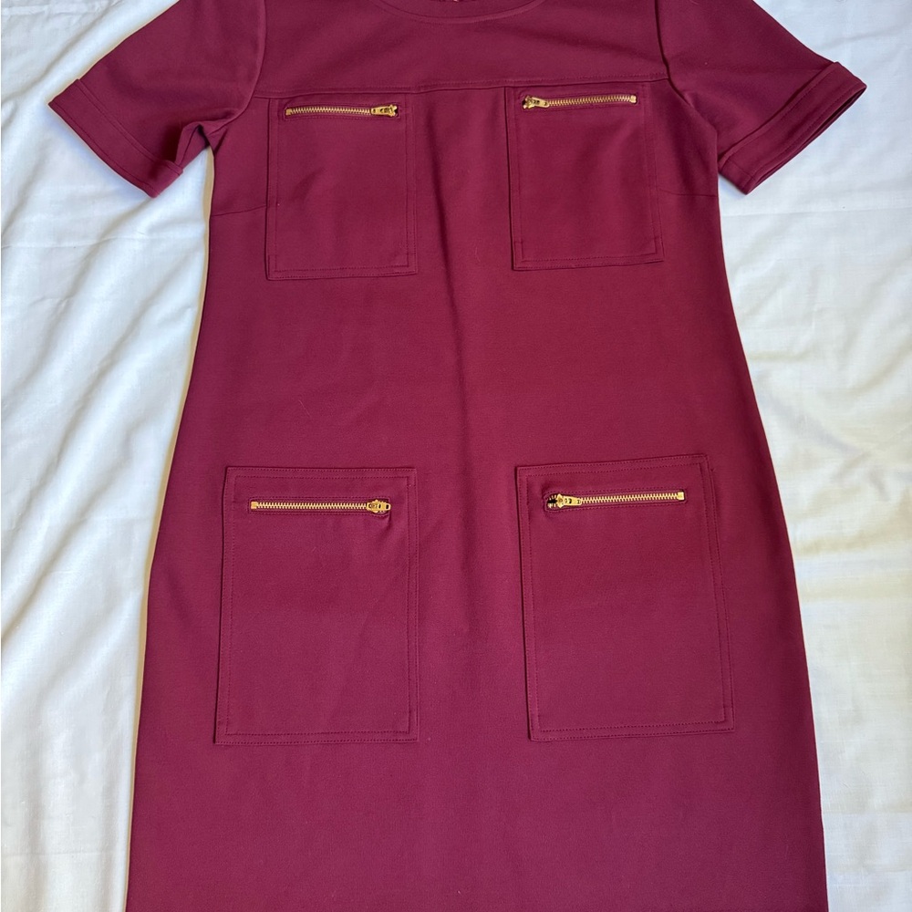 J Crew Burgundy  Front Pockets Short Sleeve Knee Length Dress Sz 6 Women Stretch
